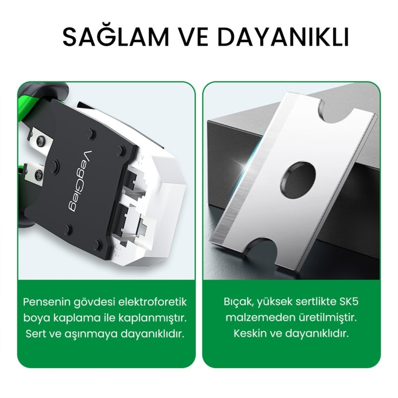 Türkçe metinli iki alet parçası: siyah beyaz sıkma pensesi gövdesi ve keskin SK5 çelik yedek bıçak.