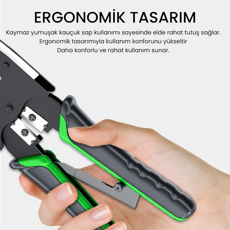 Siyah ve yeşil saplı ergonomik pensi tutan el. Üstte Türkçe yazılar.
