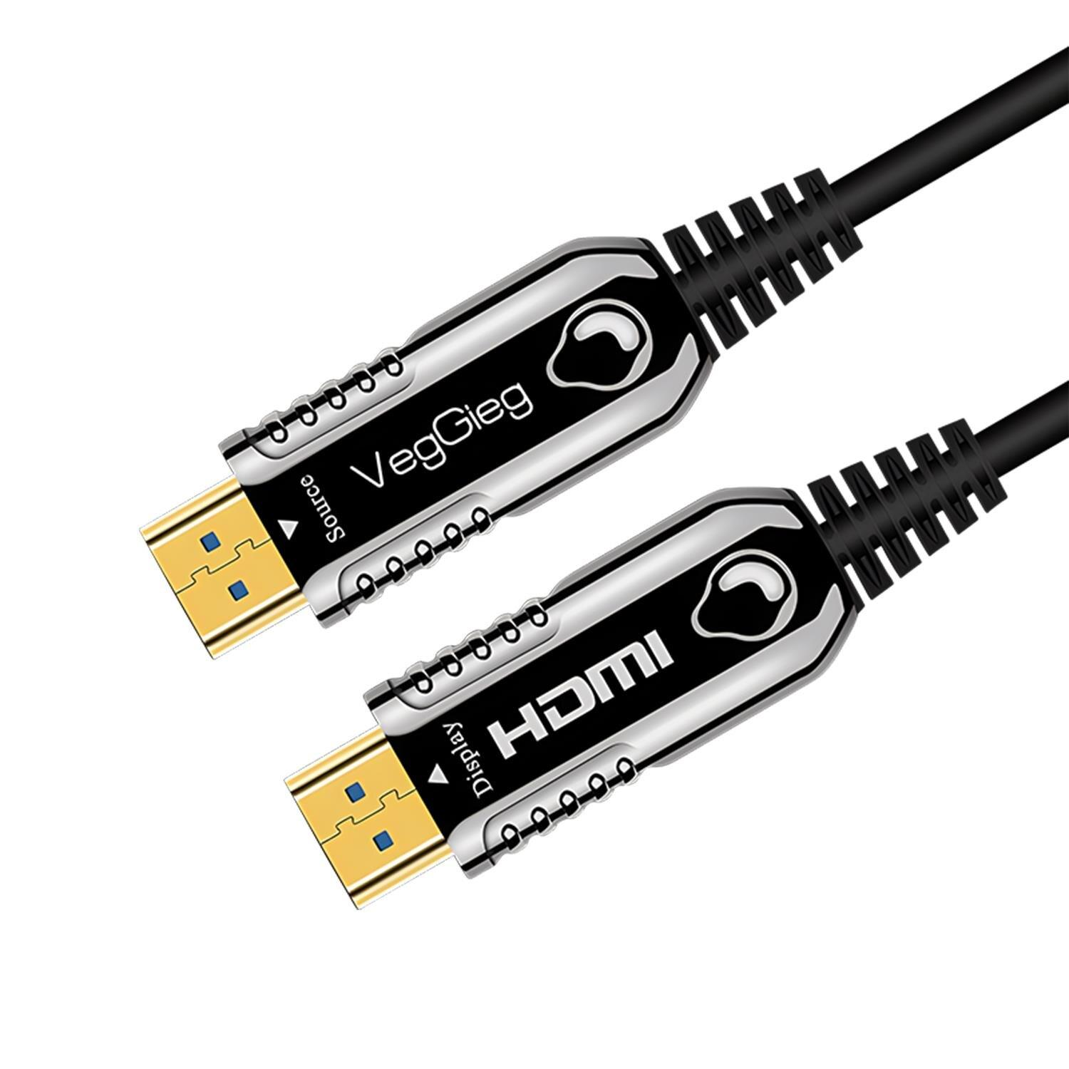 VegGieg Source ve Display etiketli, altın kaplama konektörlü iki siyah HDMI kablosu.