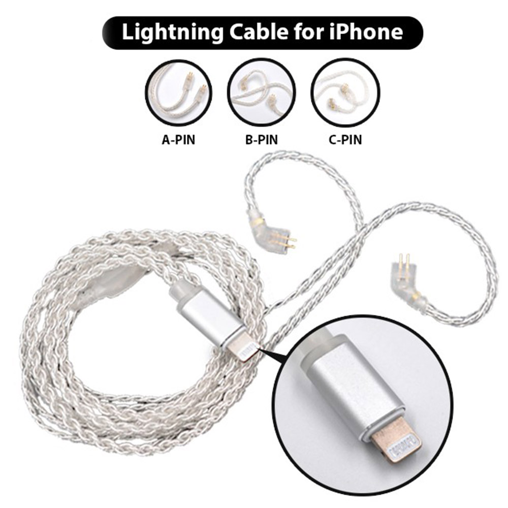 Konektörlerin ve pin tiplerinin yakın çekimleriyle gümüş renkli iPhone şarj kablosu.
