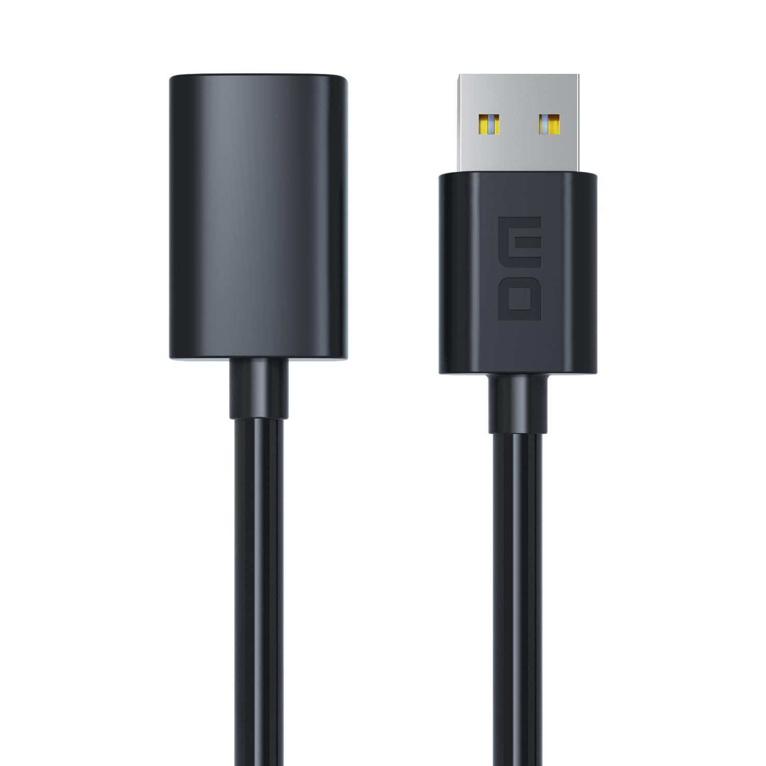 Beyaz arka planda erkek ve dişi konnektörlü siyah bir USB kablosu.