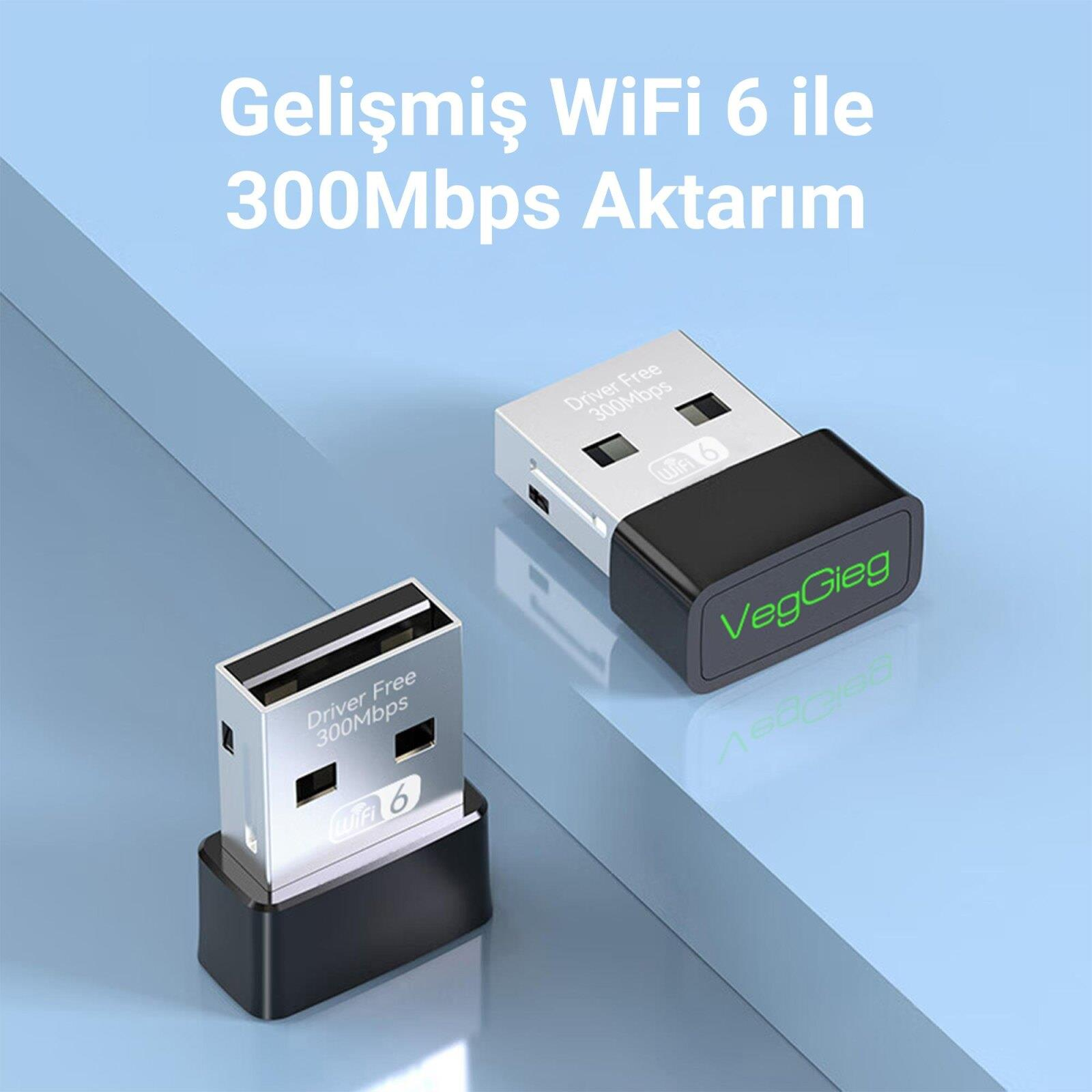 Mavi arka planda Driver Free 300Mbps yazılı iki beyaz VegGieg WiFi 6 USB adaptörü.
