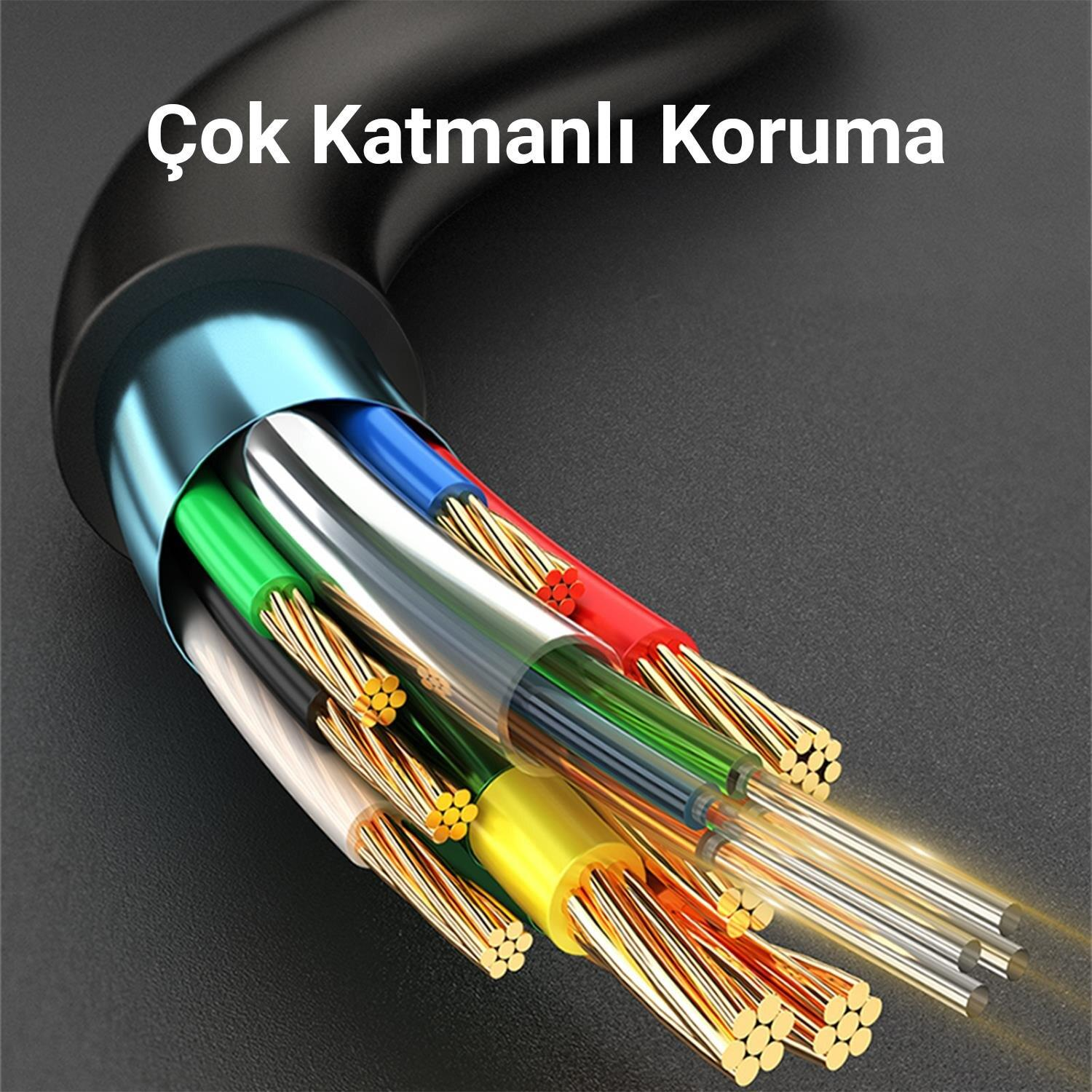 Kesilmiş siyah bir kablo, çok sayıda renkli iç tel ve koruyucu katman gösteriyor.