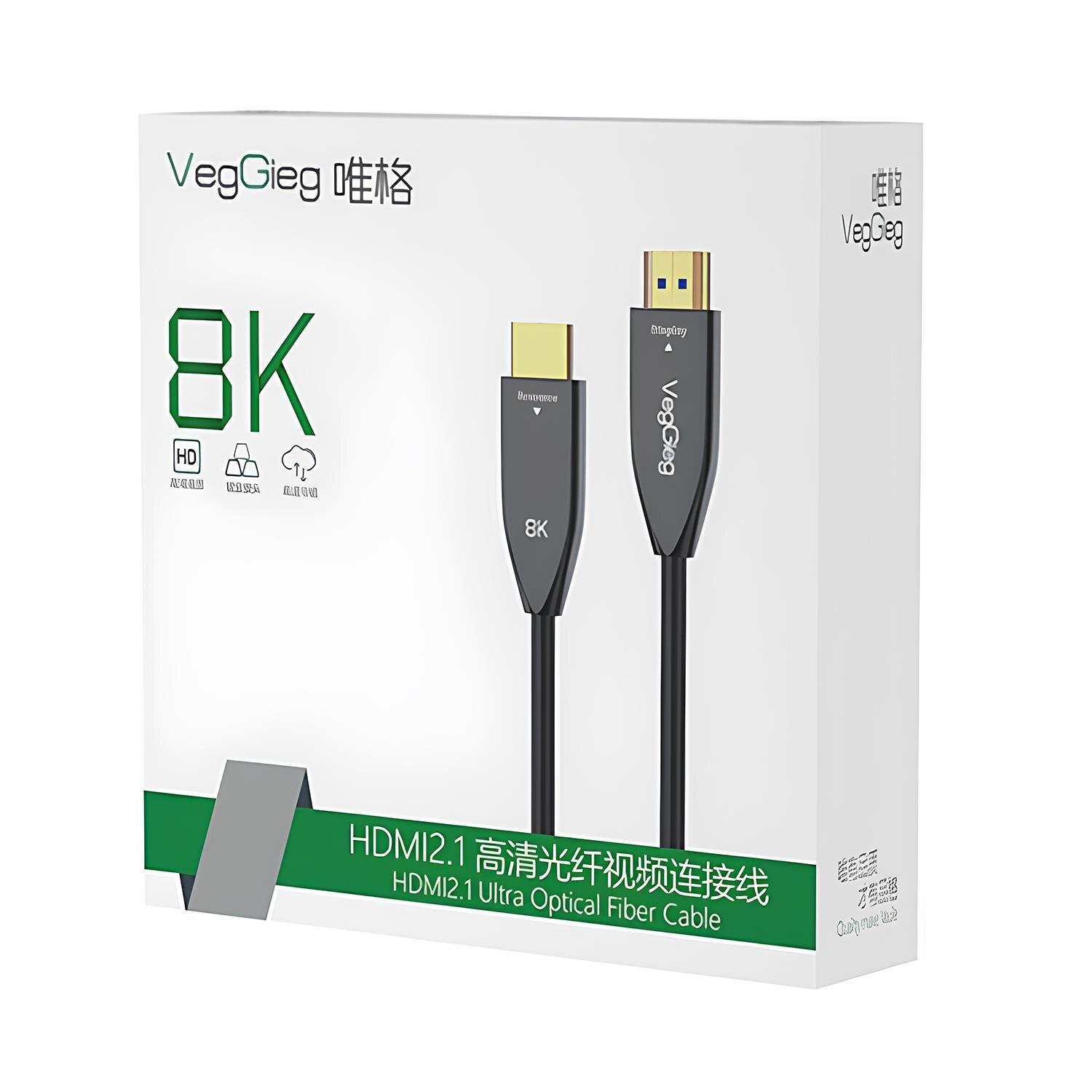 VegGieg 8K HDMI 2.1 optik fiber kablo için beyaz ürün kutusu, iki kablo ucunu gösteriyor.