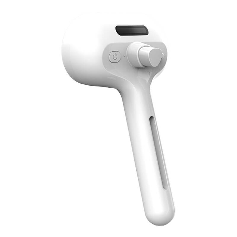 Un dispositivo elettronico portatile bianco con maniglia, una manopola di controllo rotonda, un pulsante di accensione e schermo.