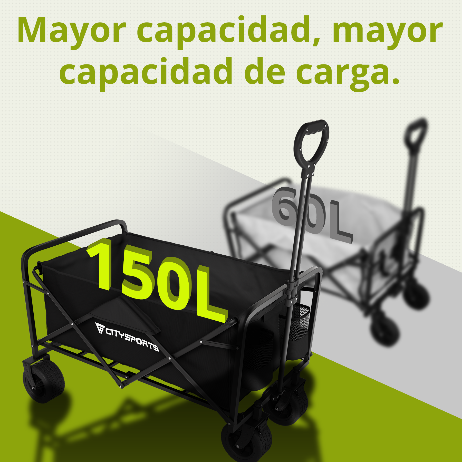 Un carro de jardín plegable negro con capacidad de 150L y un carro más pequeño de 60L al fondo.