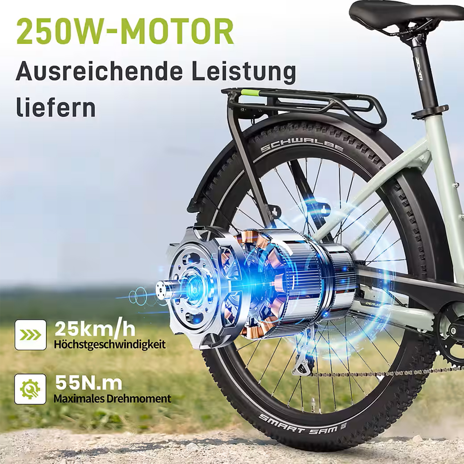 Ein E-Bike-Hinterrad mit freiliegendem 250W-Motor, das 25 km/h und 55 Nm Drehmoment zeigt.