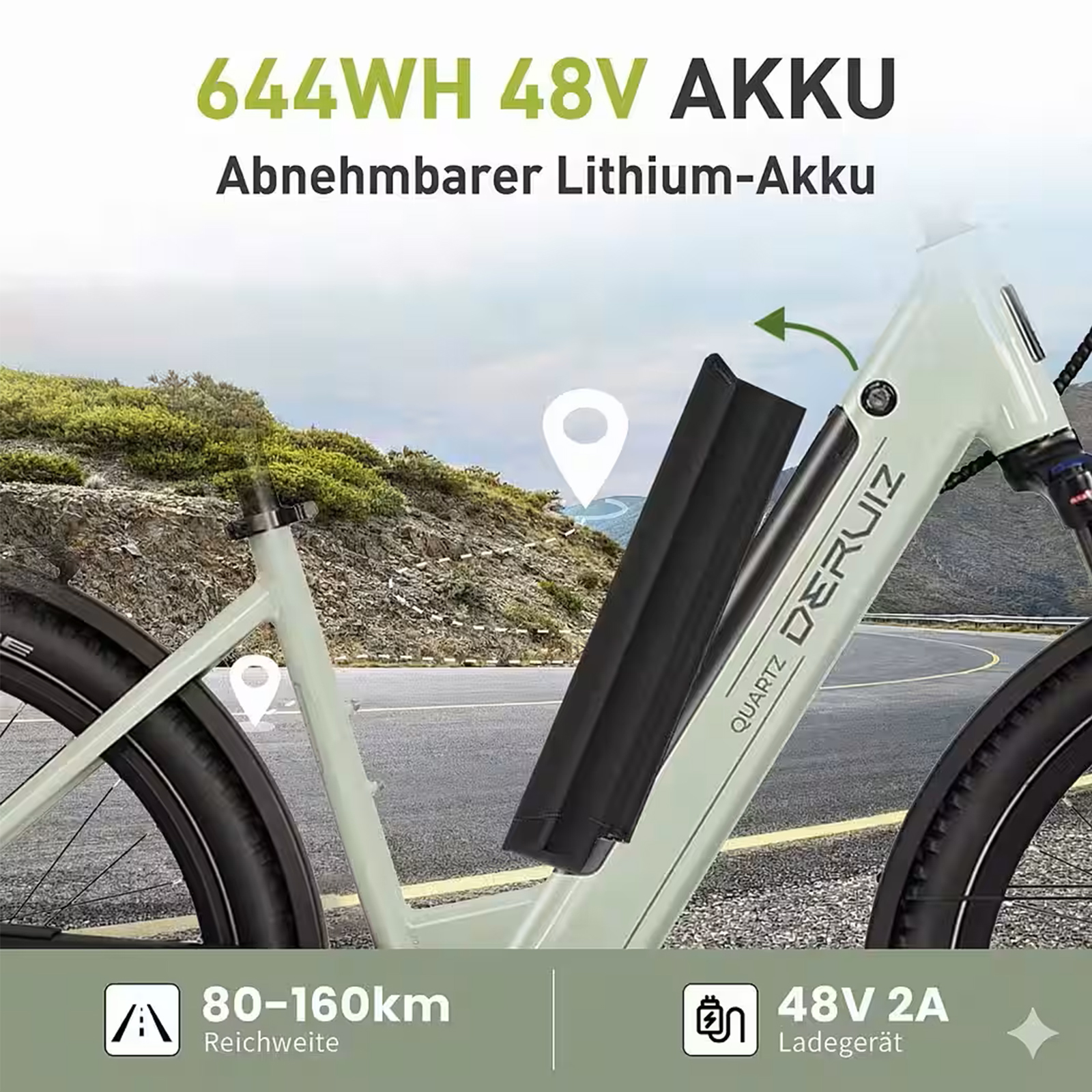 E-Bike mit abnehmbarem 644Wh 48V Lithium-Akku, Reichweite 80-160km und 48V 2A Ladegerät.