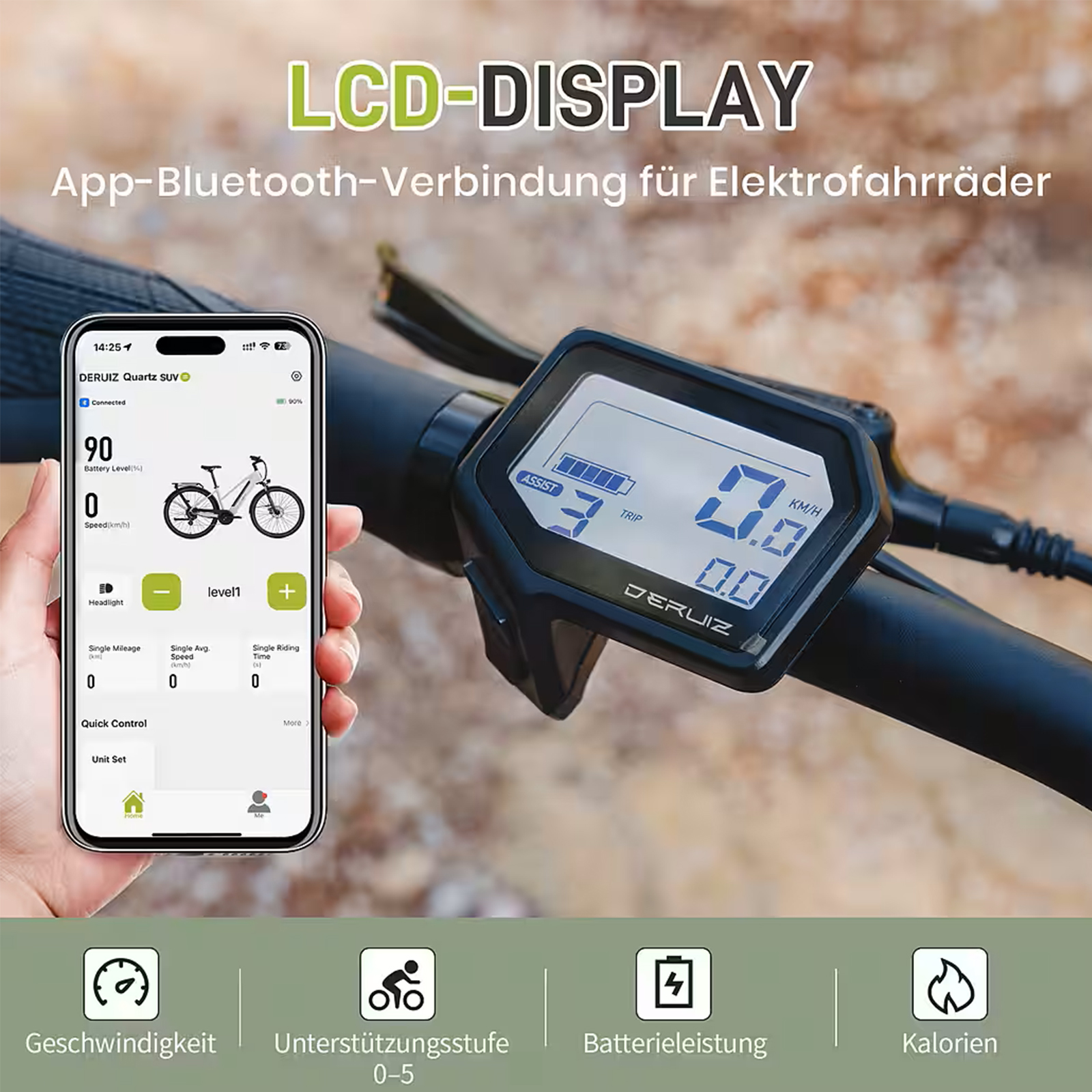 Ein E-Bike-LCD-Display und ein Smartphone mit passender App.