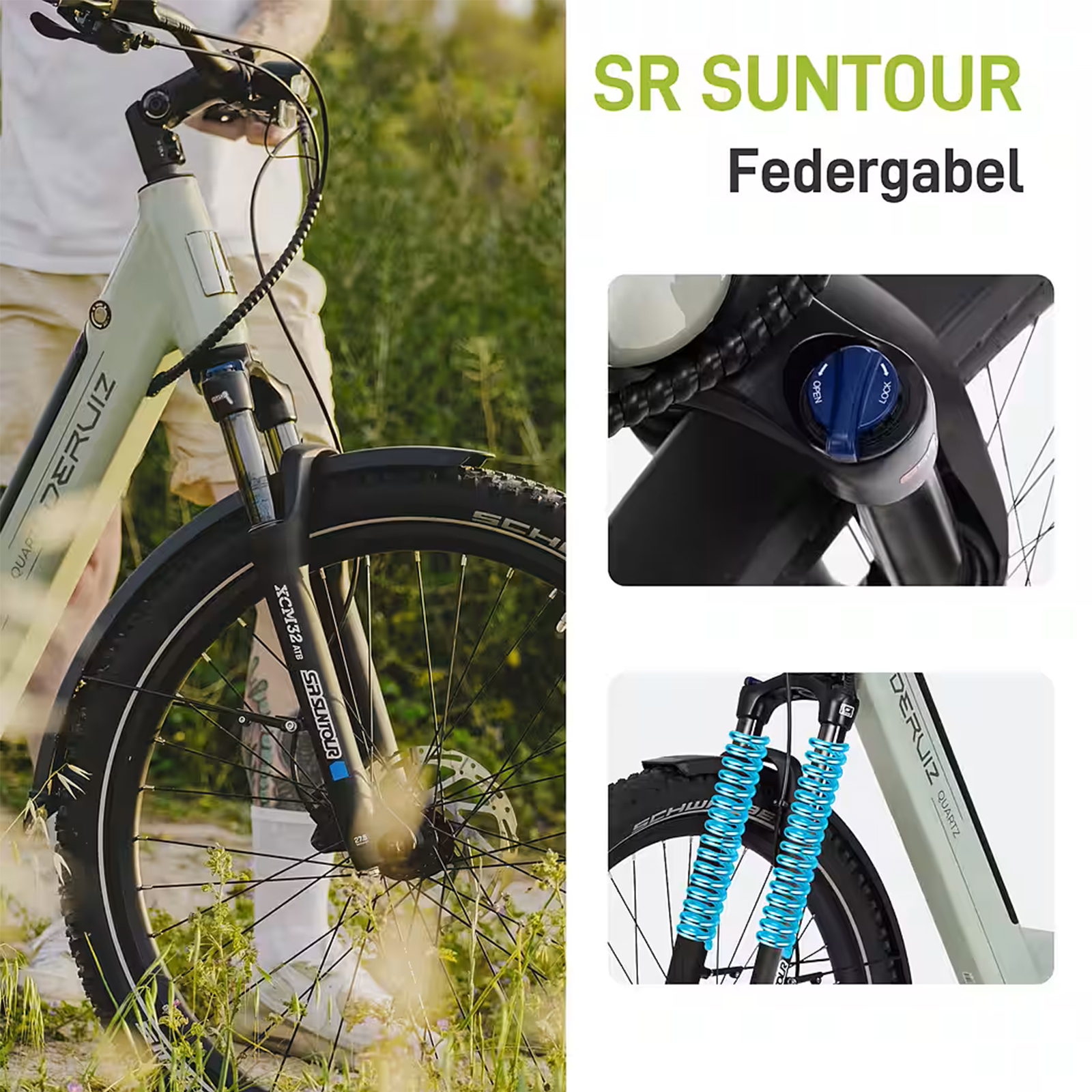 SR SUNTOUR Federgabel mit blauer Lockout-Taste und blauen Innenfedern an einem E-Bike.