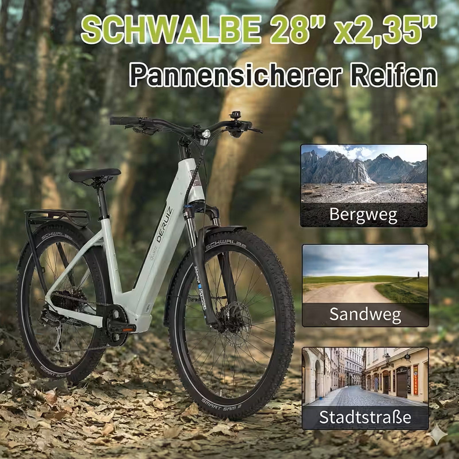 Ein weißes E-Bike steht auf einem laubbedeckten Waldweg. Rechts drei Inset-Bilder für Bergweg, Sandweg und Stadtstraße.
