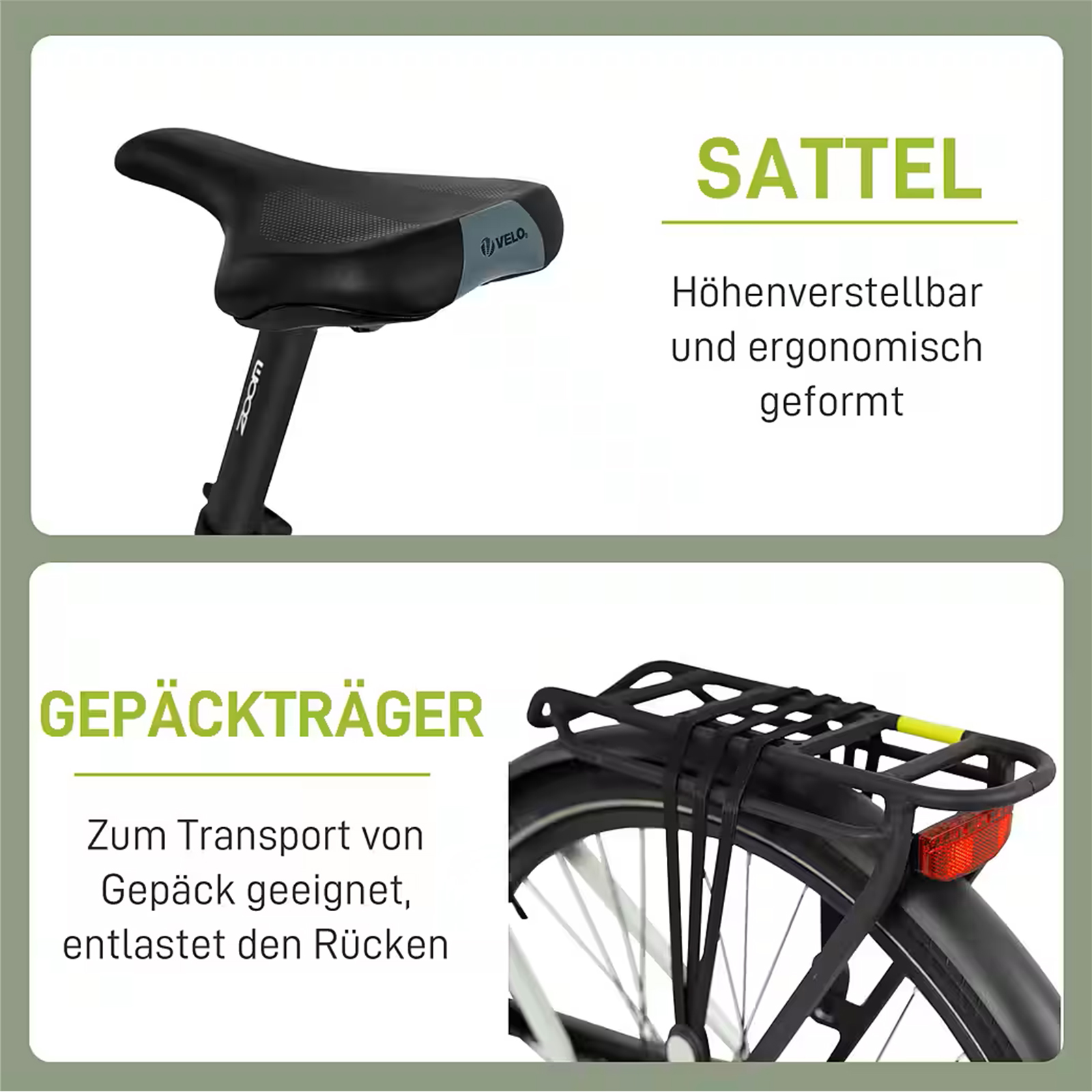 Bicycle saddle and luggage rack with German product descriptions and text highlights.