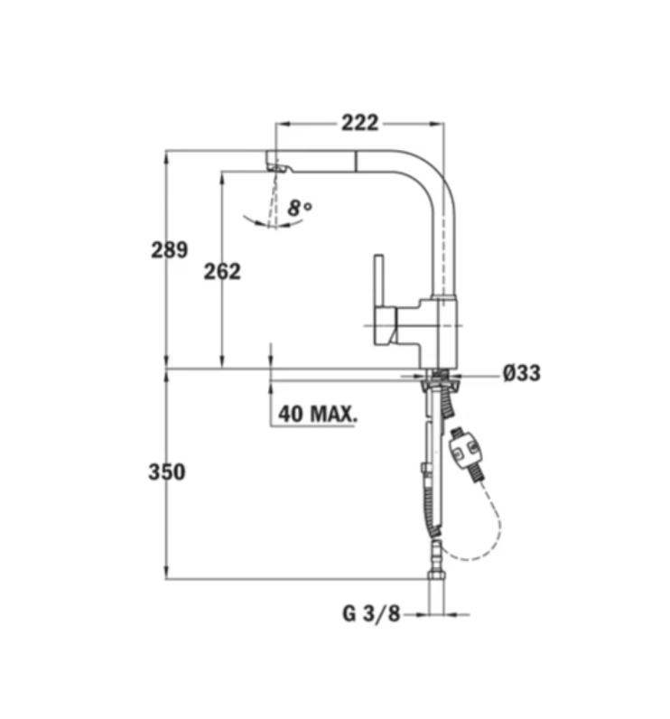 Ölçüleriyle birlikte bir mutfak bataryasının teknik resmi.