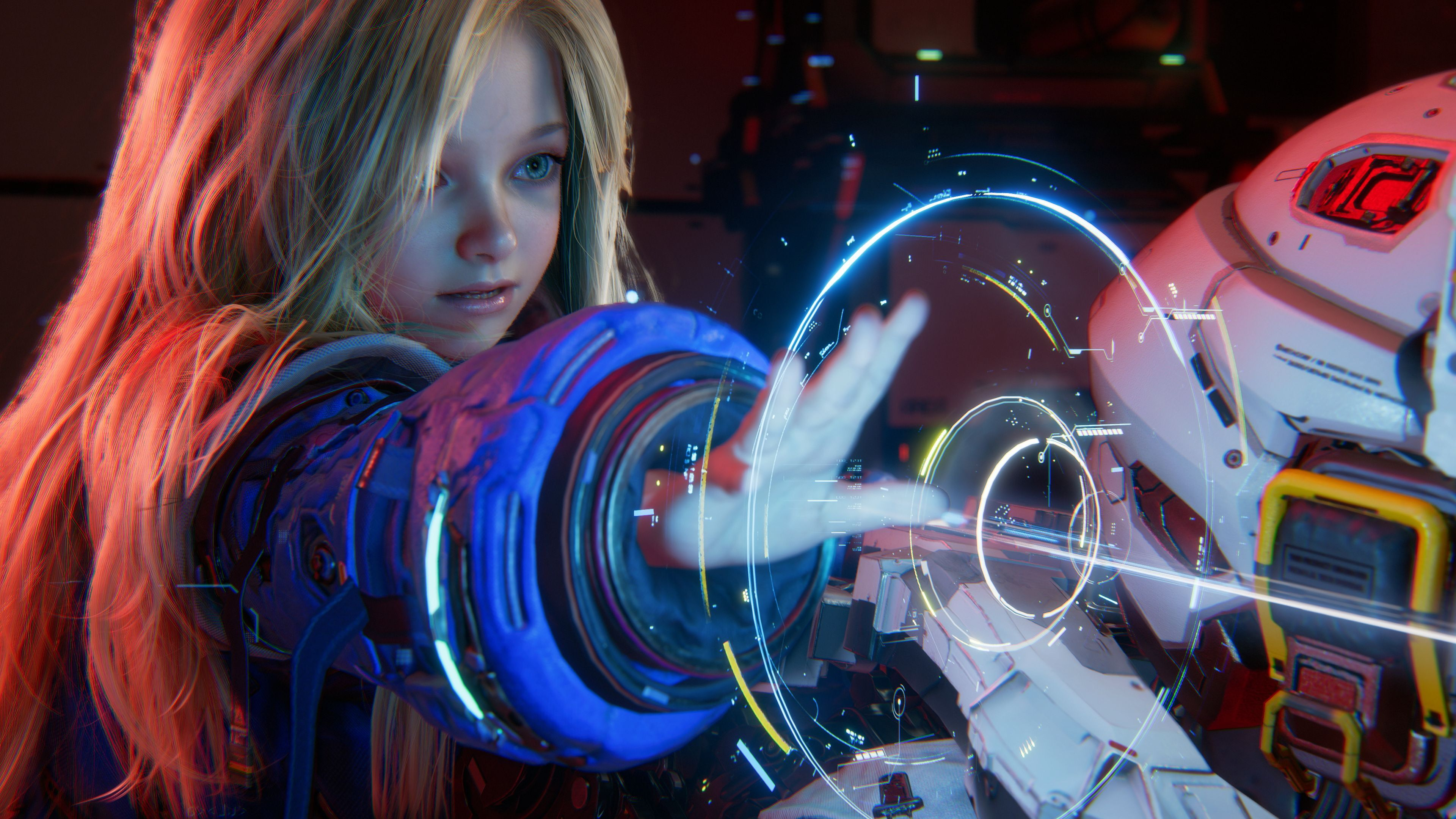 Ein blonde Frau mit roboterartigem Handschuh interagiert in einem futuristischen Raum mit einer Hologrammanzeige.