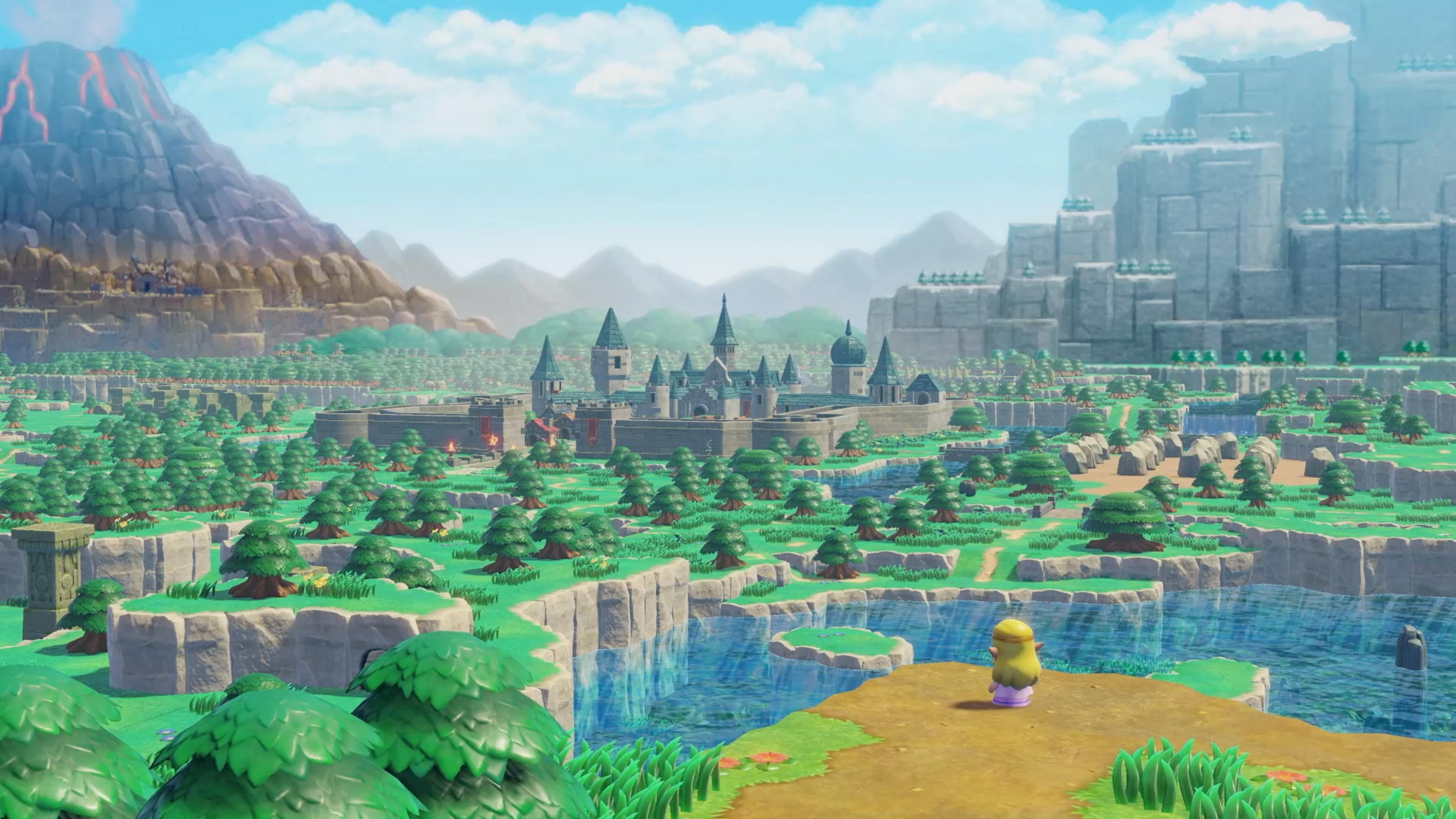 Prinzessin Zelda blickt von einer Klippe auf eine weitläufige grüne Landschaft mit einem Schloss, Flüssen und Bergen.