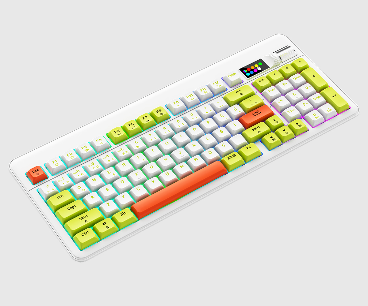 Sarı, beyaz ve turuncu tuş kapaklarına ve canlı RGB arka aydınlatmaya sahip beyaz bir mekanik klavye.