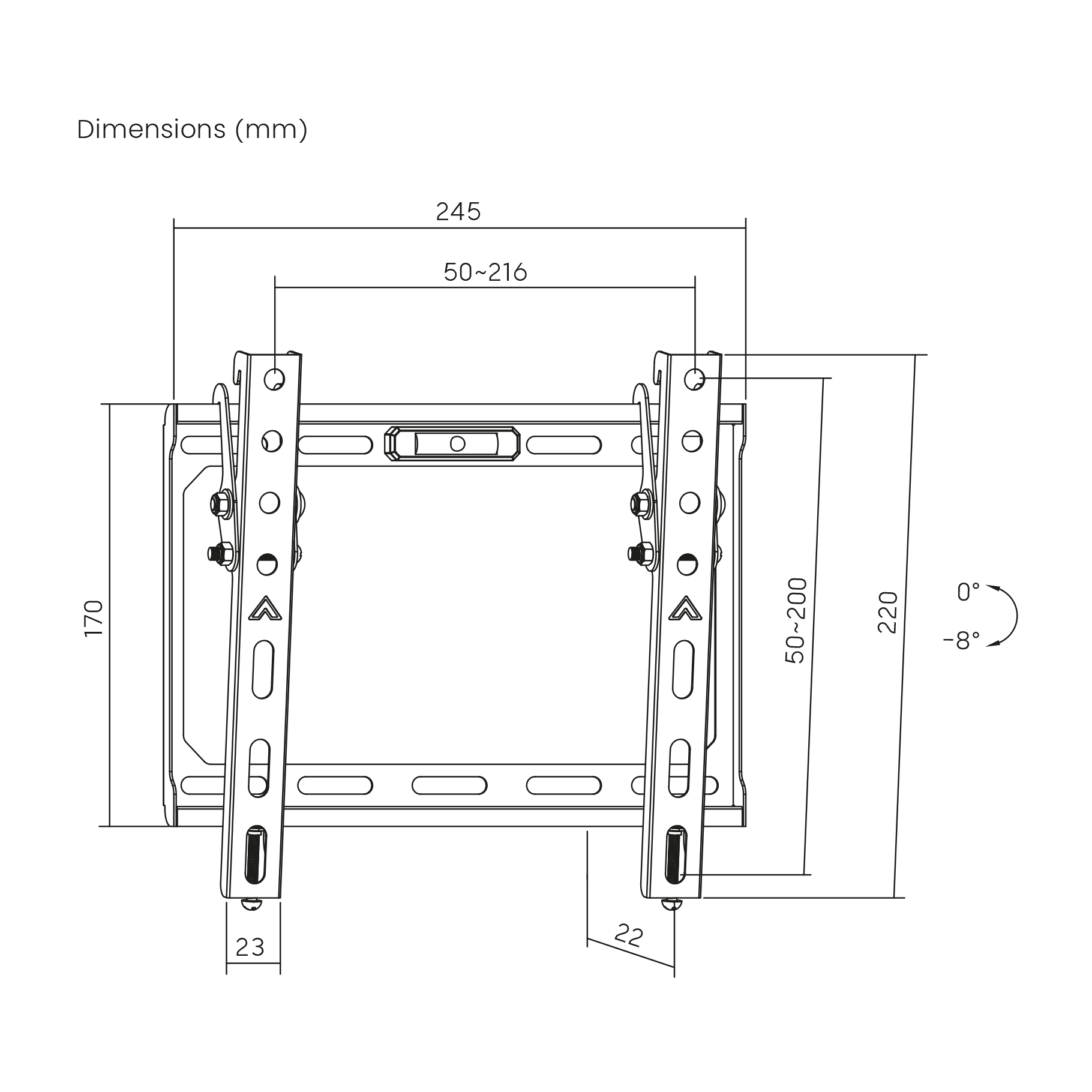 Technische tekening van een tv-muurbeugel met afmetingen in millimeters.