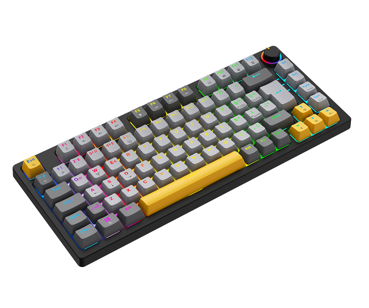 RGB arka aydınlatmalı, gri ve sarı tuş kapaklı ve üst sağda yuvarlak kontrol düğmeli mekanik klavye.