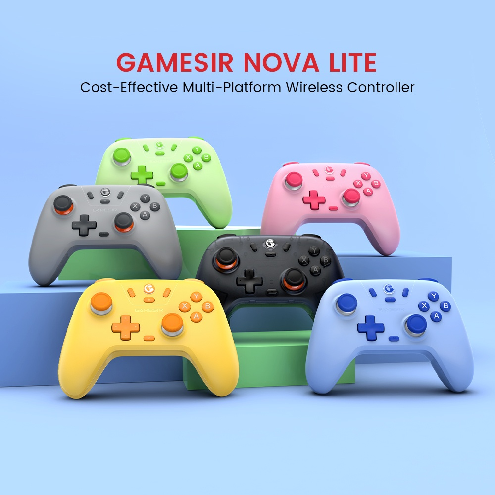 Sei controller wireless GameSir Nova Lite colorati su blocchi blu e verdi.