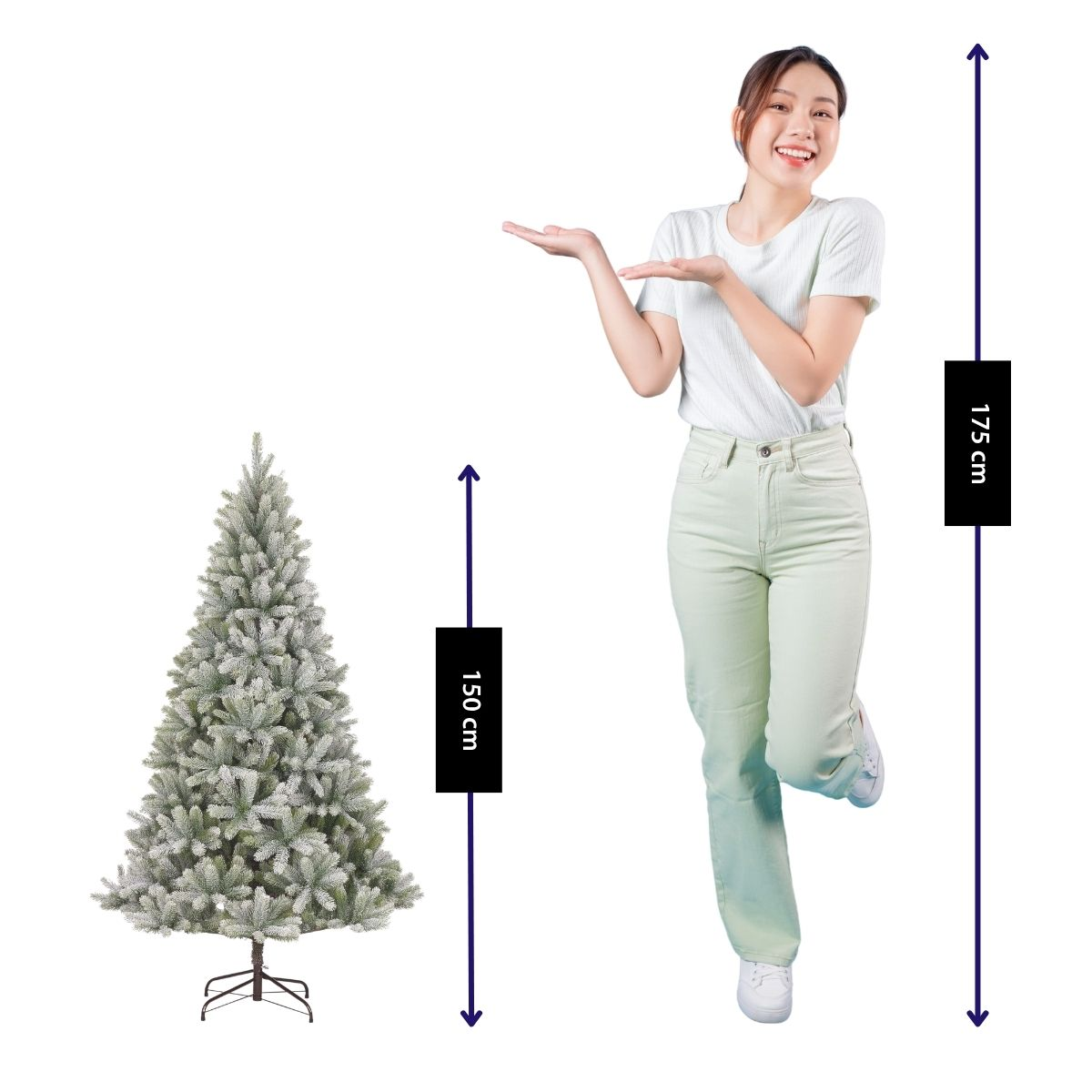 Een glimlachende vrouw staat naast een besneeuwde kerstboom van 150 cm, met haar lengte van 175 cm aangegeven.