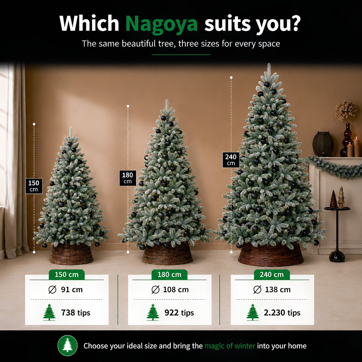 Drie Nagoya kunstkerstbomen in 150cm, 180cm en 240cm, versierd met zwarte kerstballen in rieten manden.