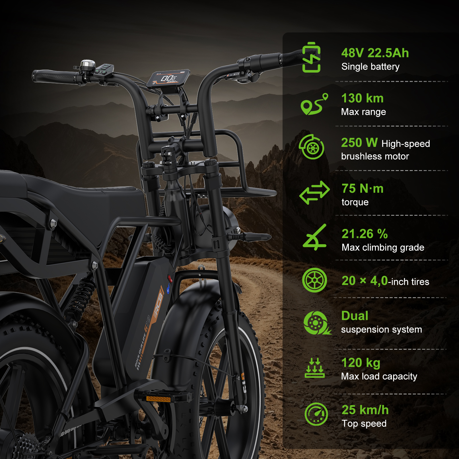 Bicicleta eléctrica negra frente a paisaje montañoso con especificaciones verdes.