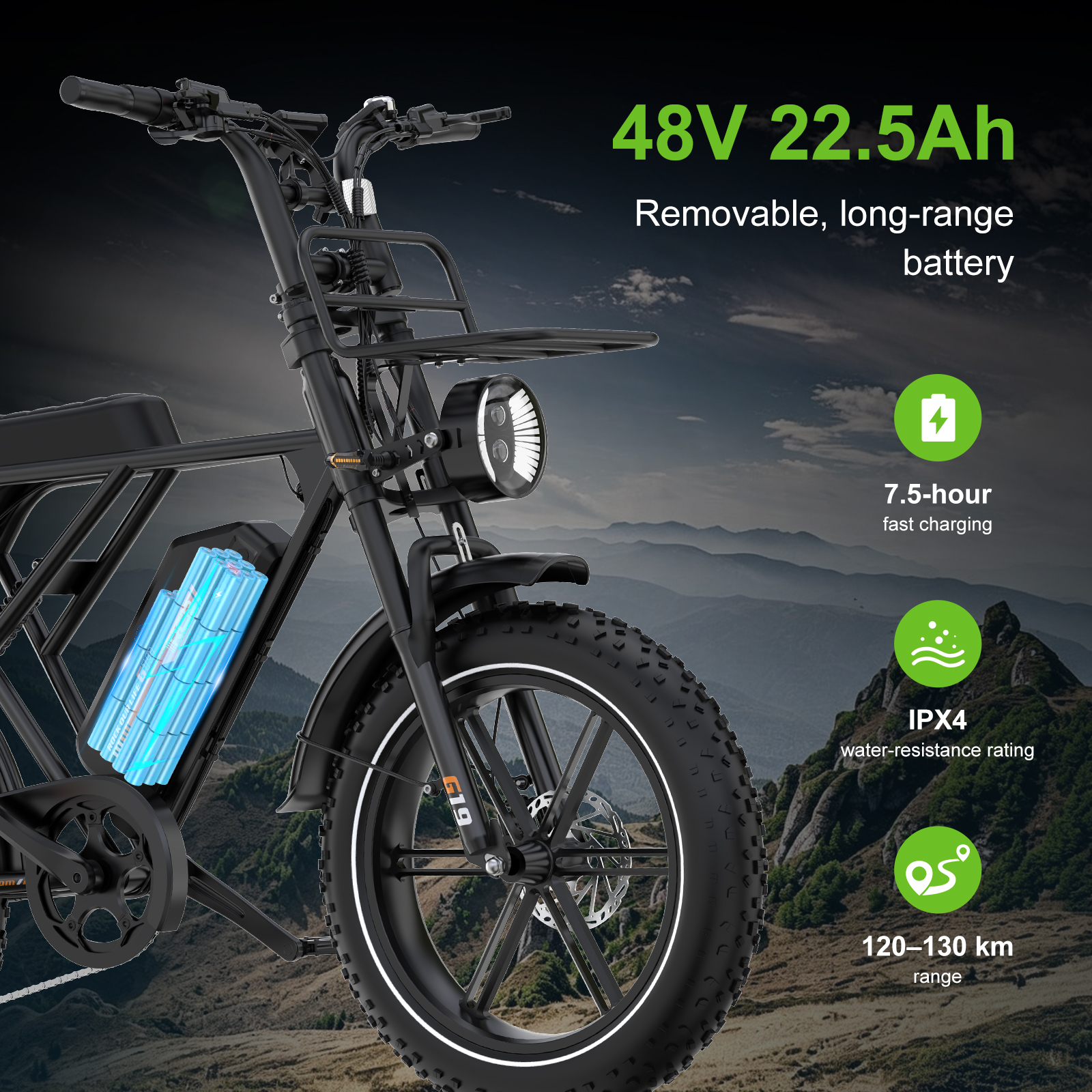 Bicicleta eléctrica negra con batería de 48V, faro y texto sobre fondo montañoso.