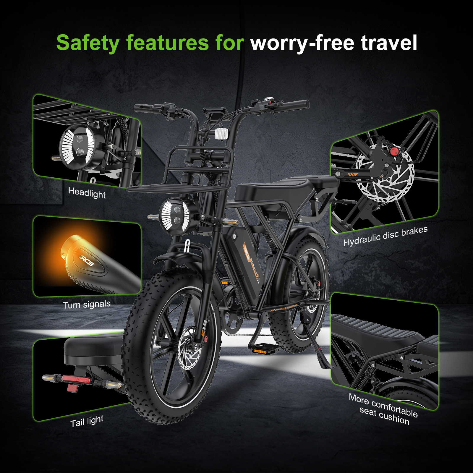 Una bicicleta eléctrica negra muestra imágenes insertadas destacando su faro, intermitentes, luz trasera y frenos.