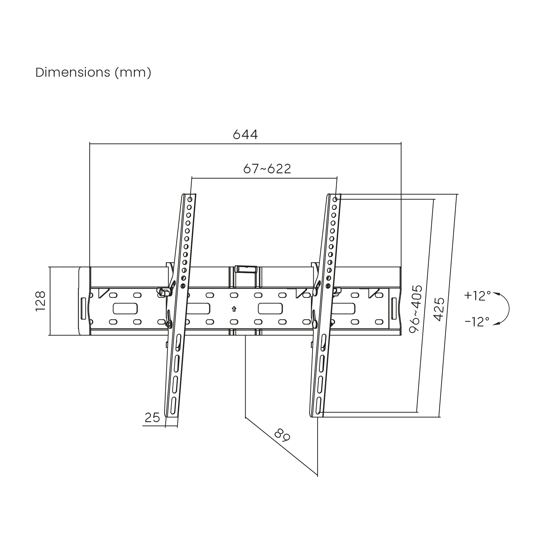 Technische tekening van een tv-beugel met afmetingen in millimeters.