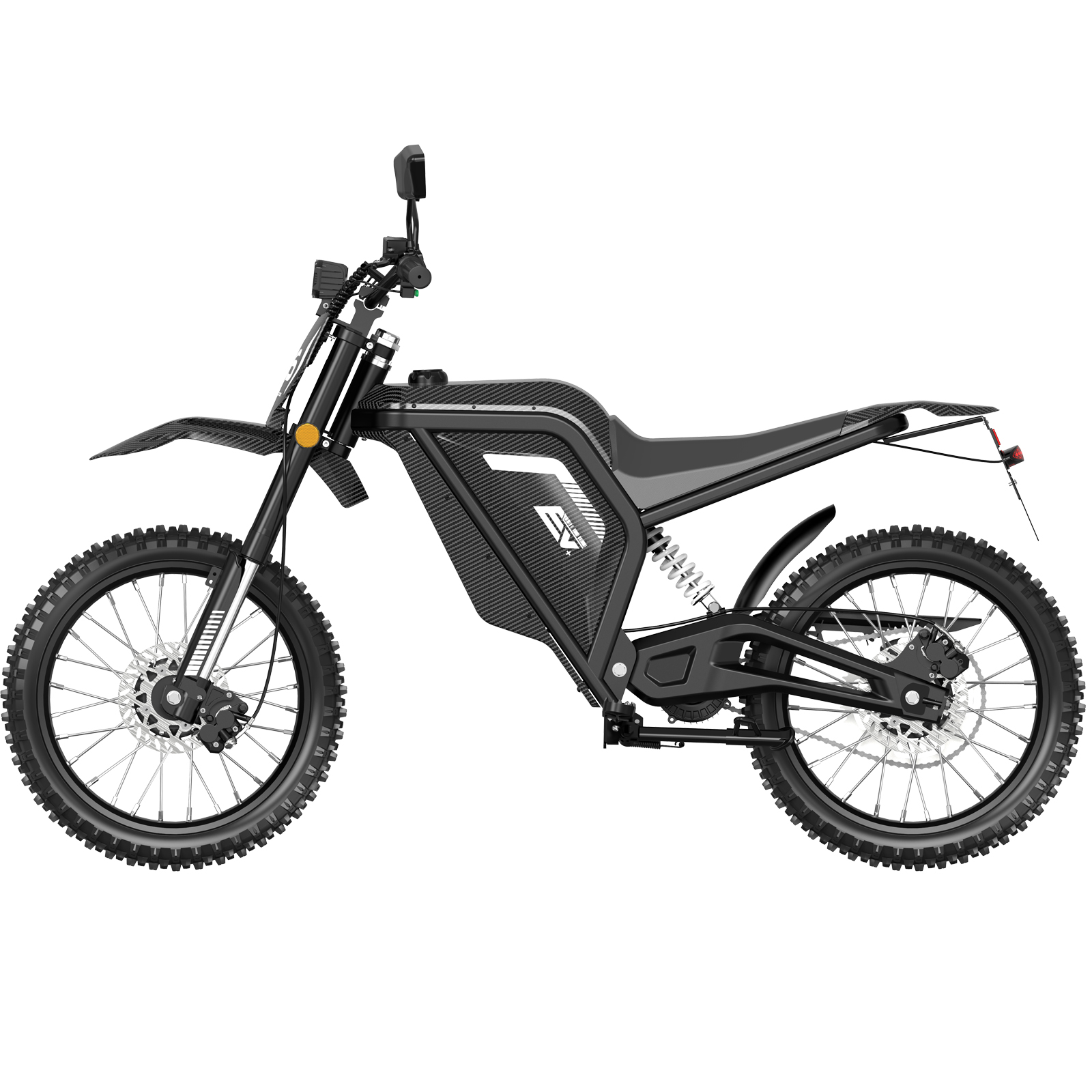 Ein schwarzes Elektro-Crossmotorrad mit Stollenreifen, Karbon-Optik und Federung auf weißem Hintergrund.