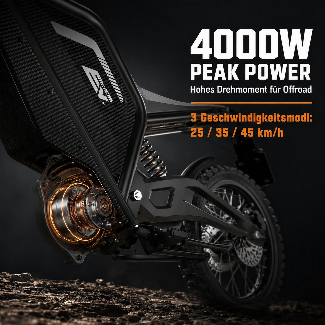 E-Bike-Motor mit 4000W Leistung und Text zur Geschwindigkeit auf schwarzem Hintergrund.
