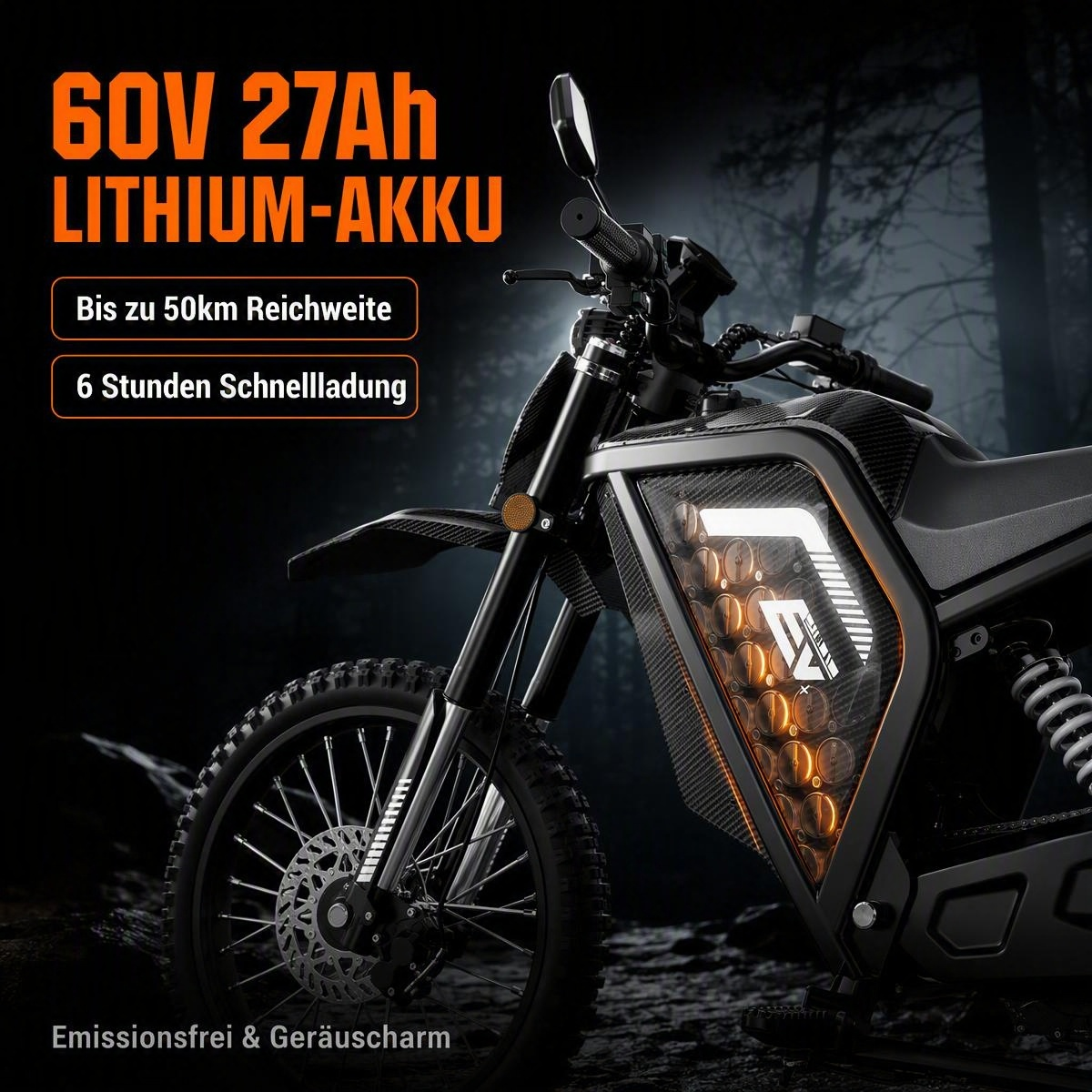 Schwarzes Elektromotorrad vor dunklem Hintergrund mit beleuchteter Batterie und Textangaben.