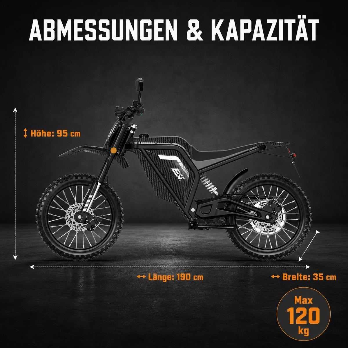 Schwarzes Elektromotorrad vor dunklem Hintergrund mit Maßangaben für Höhe, Länge, Breite und Gewicht.