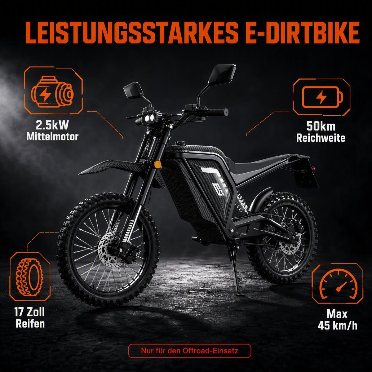 Ein schwarzes E-Dirtbike vor dunklem Hintergrund mit orangen Symbolen, die technische Daten wie Motor und Akku zeigen.