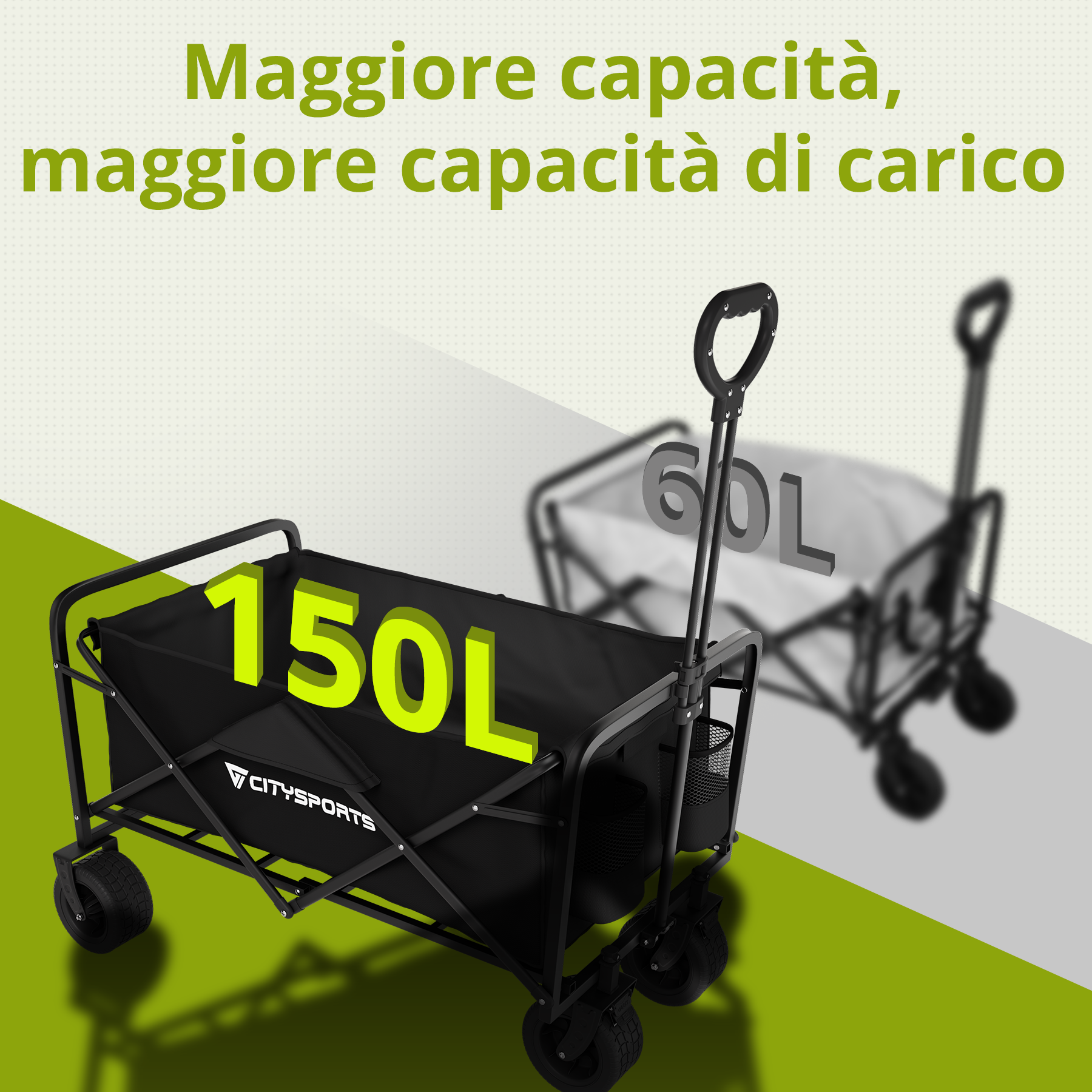 Un carrello pieghevole nero con capacità di 150L rispetto a un carro più piccolo da 60L.