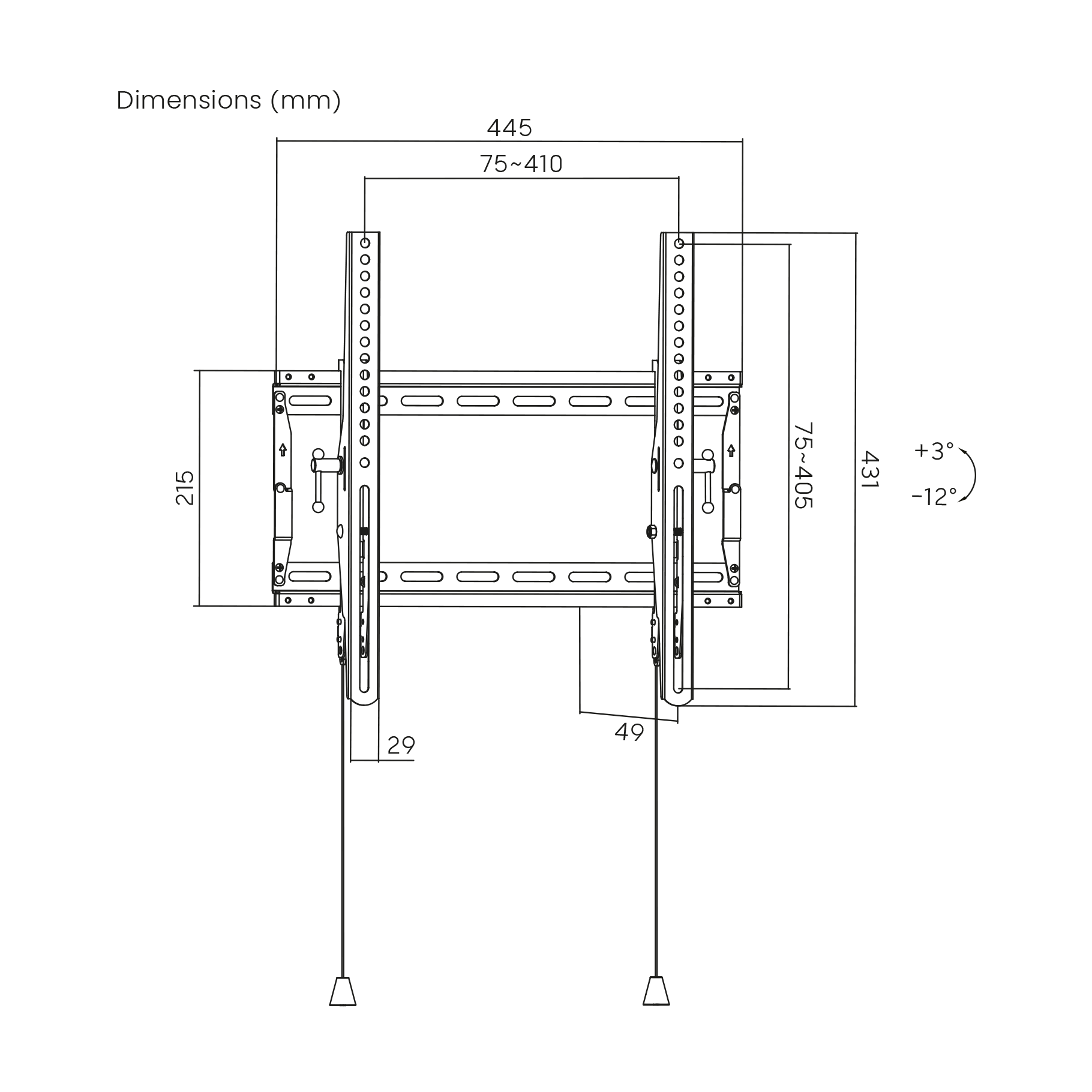 Technische tekening van een TV-muurbeugel met afmetingen in millimeters.