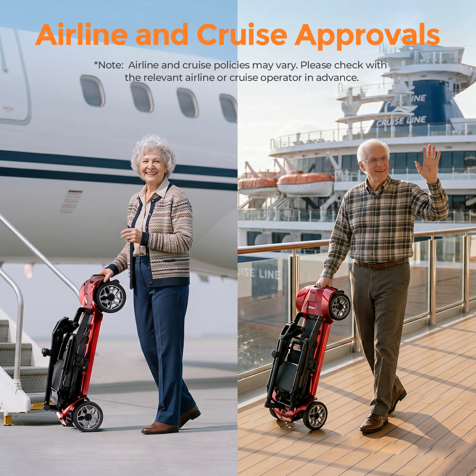 Personas mayores con un scooter de movilidad rojo compacto ante un avión y un crucero.