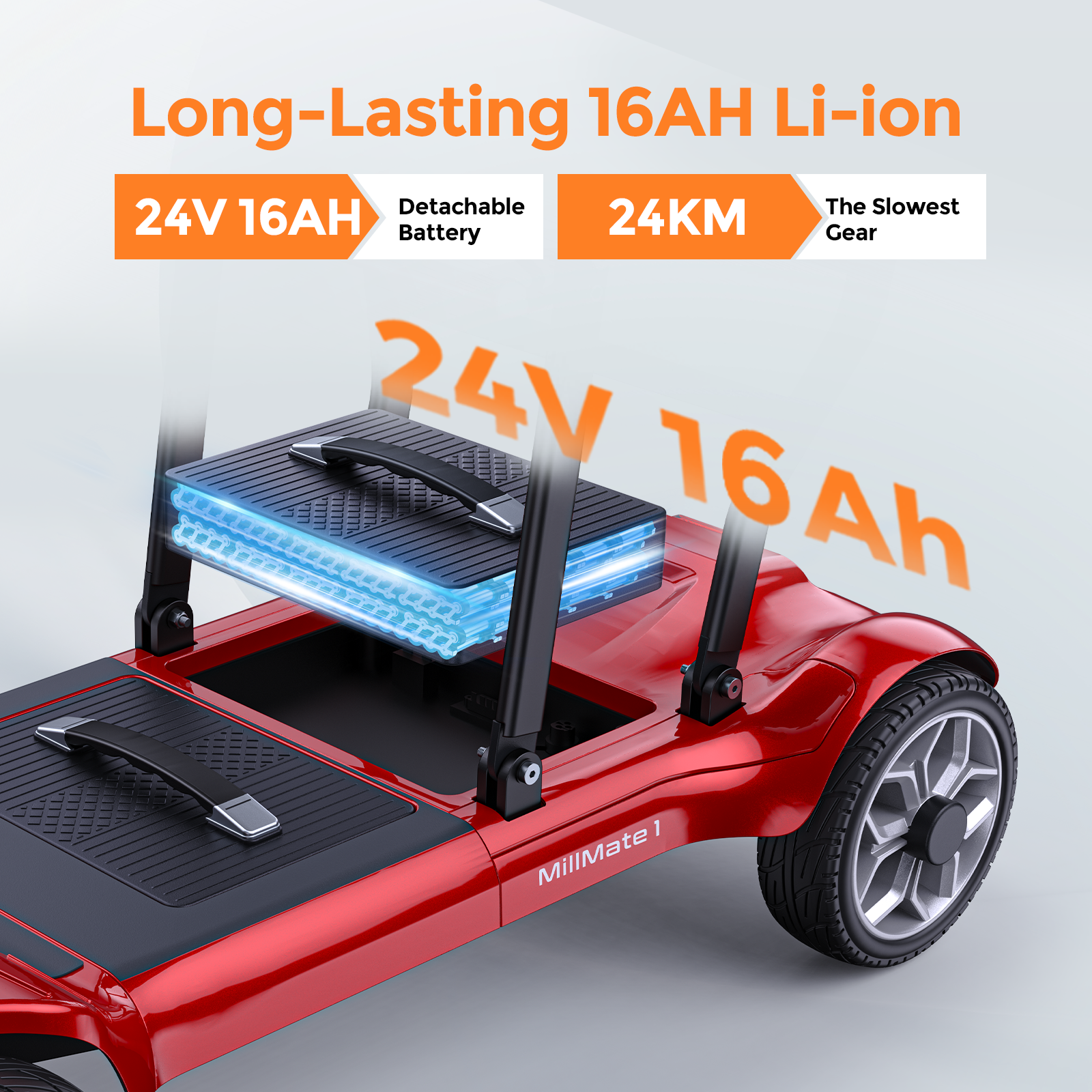 Un vehículo rojo con batería de iones de litio de 24V 16Ah extraíble y luz azul.
