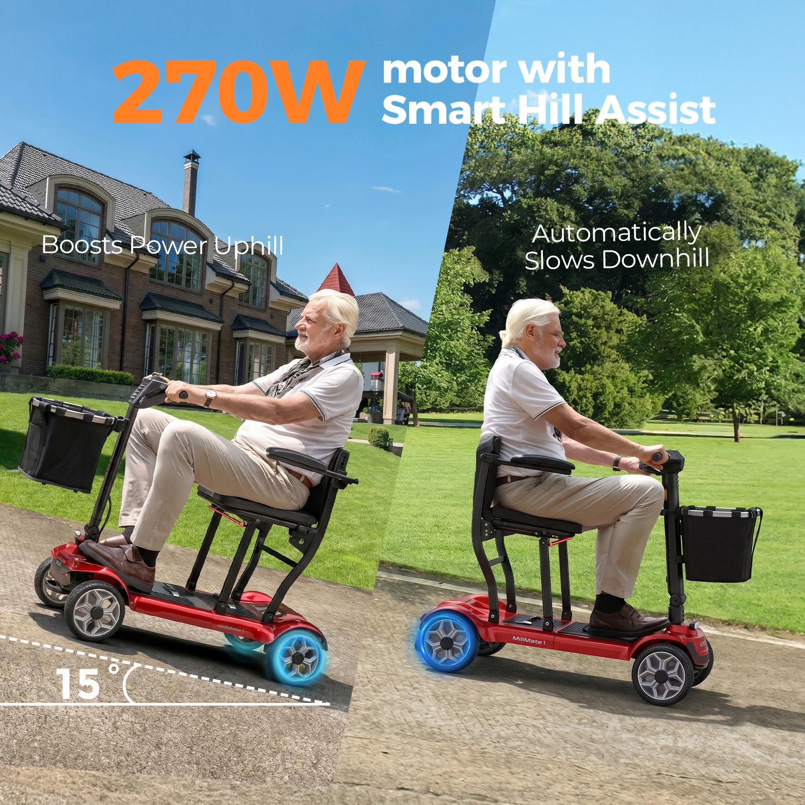 Anciano montando en un scooter de movilidad rojo cuesta arriba y cuesta abajo.