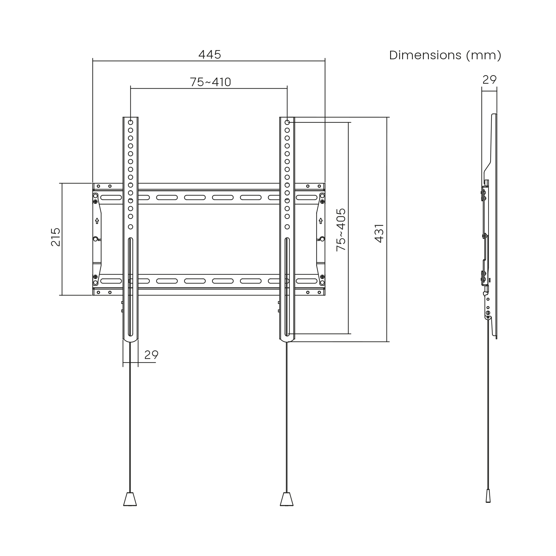 Dibujo técnico de un soporte de pared para TV con medidas en milímetros.