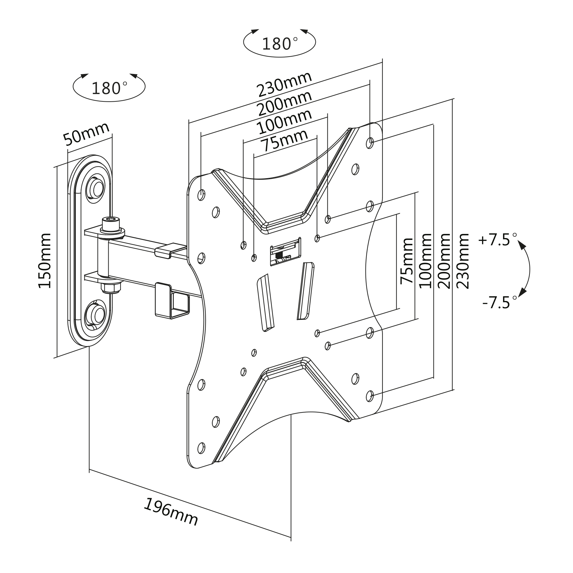 Dessin technique d'un support mural pour TV avec dimensions en millimètres et angles.