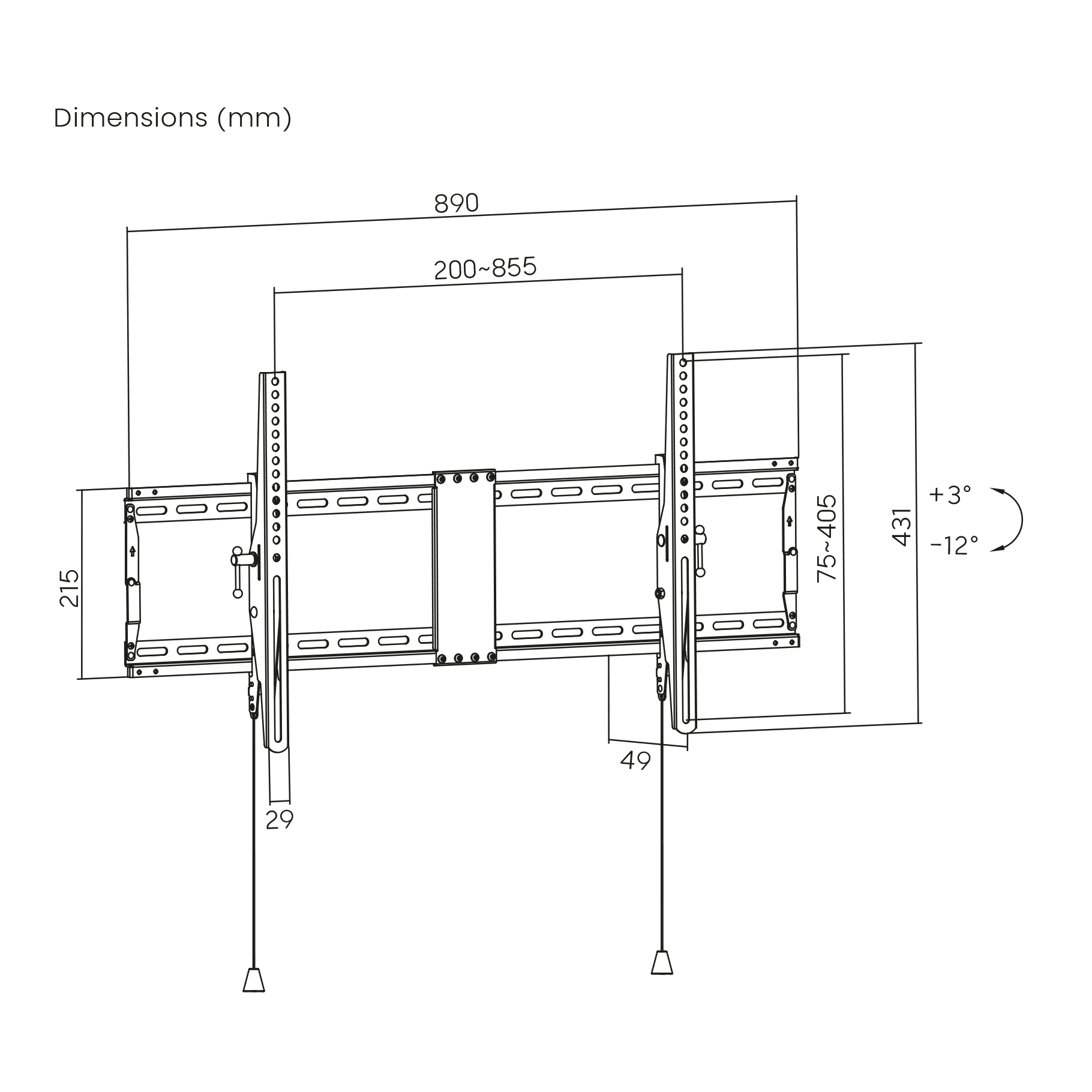 Technische tekening van een tv-muurbeugel met afmetingen in mm.