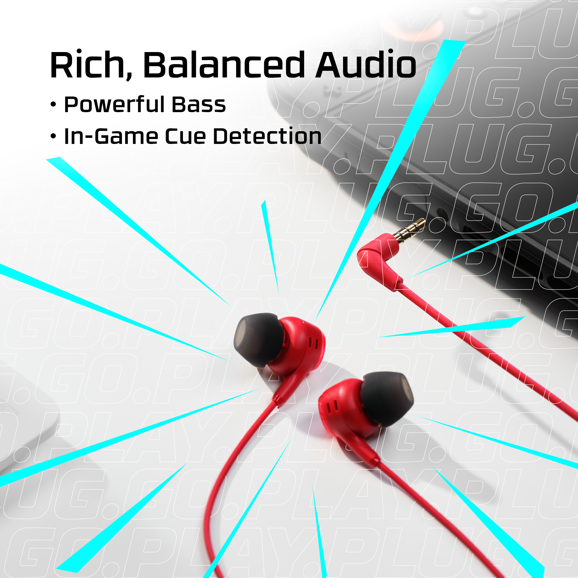 Rote kabelgebundene In-Ear-Gaming-Kopfhörer mit Klinkenstecker und Konsole im Hintergrund.