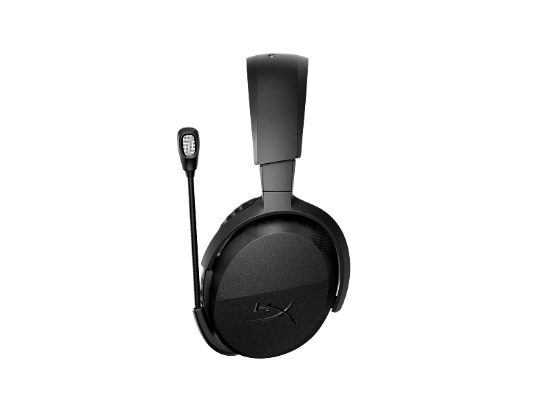 Schwarze Gaming-Headset mit angebrachtem Mikrofon auf weißem Hintergrund.