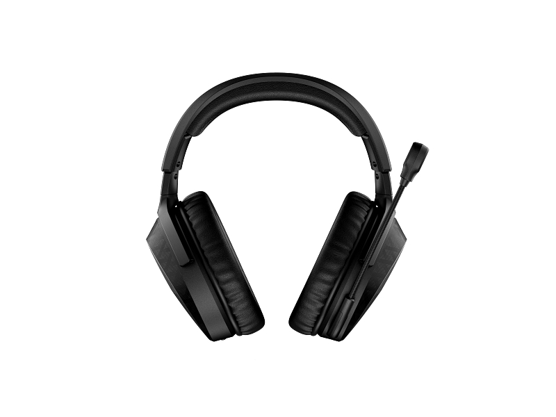 Schwarzes Gaming-Headset mit Kopfbügel und Mikrofon auf weißem Grund.