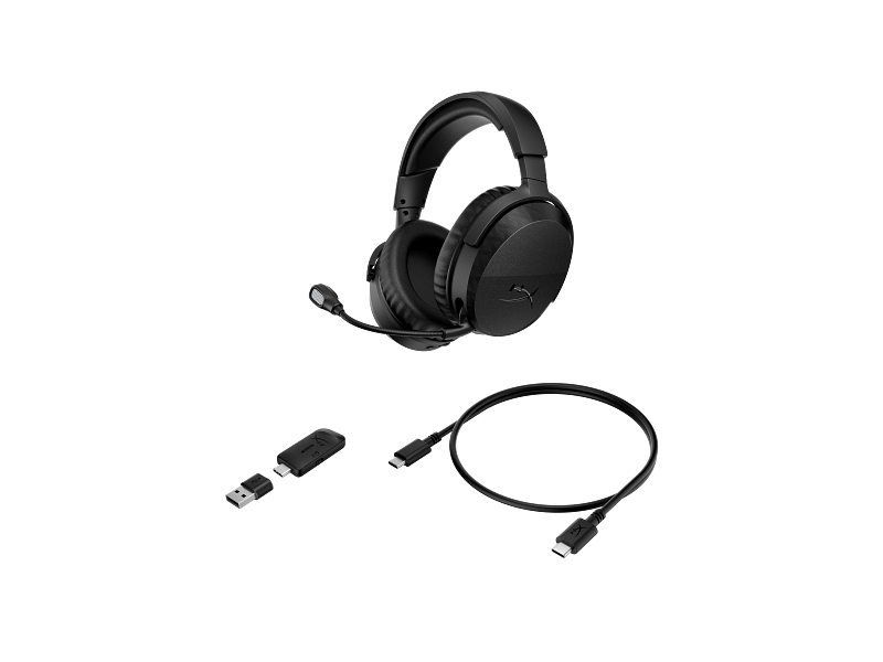 Schwarzes kabelloses Gaming-Headset mit Mikrofon, USB-Adapter und Ladekabel auf weißem Hintergrund.