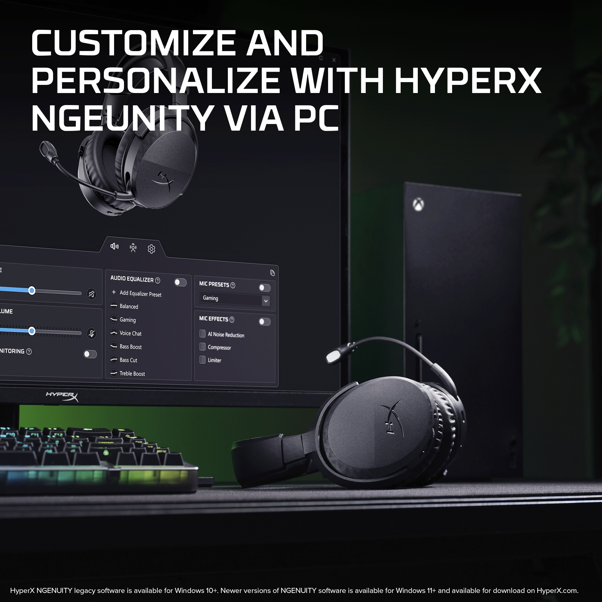 Ein Gaming-Setup mit schwarzen HyperX-Kopfhörern, PC-Monitor mit NGENUITY-Software, Tastatur und Xbox-Konsole.