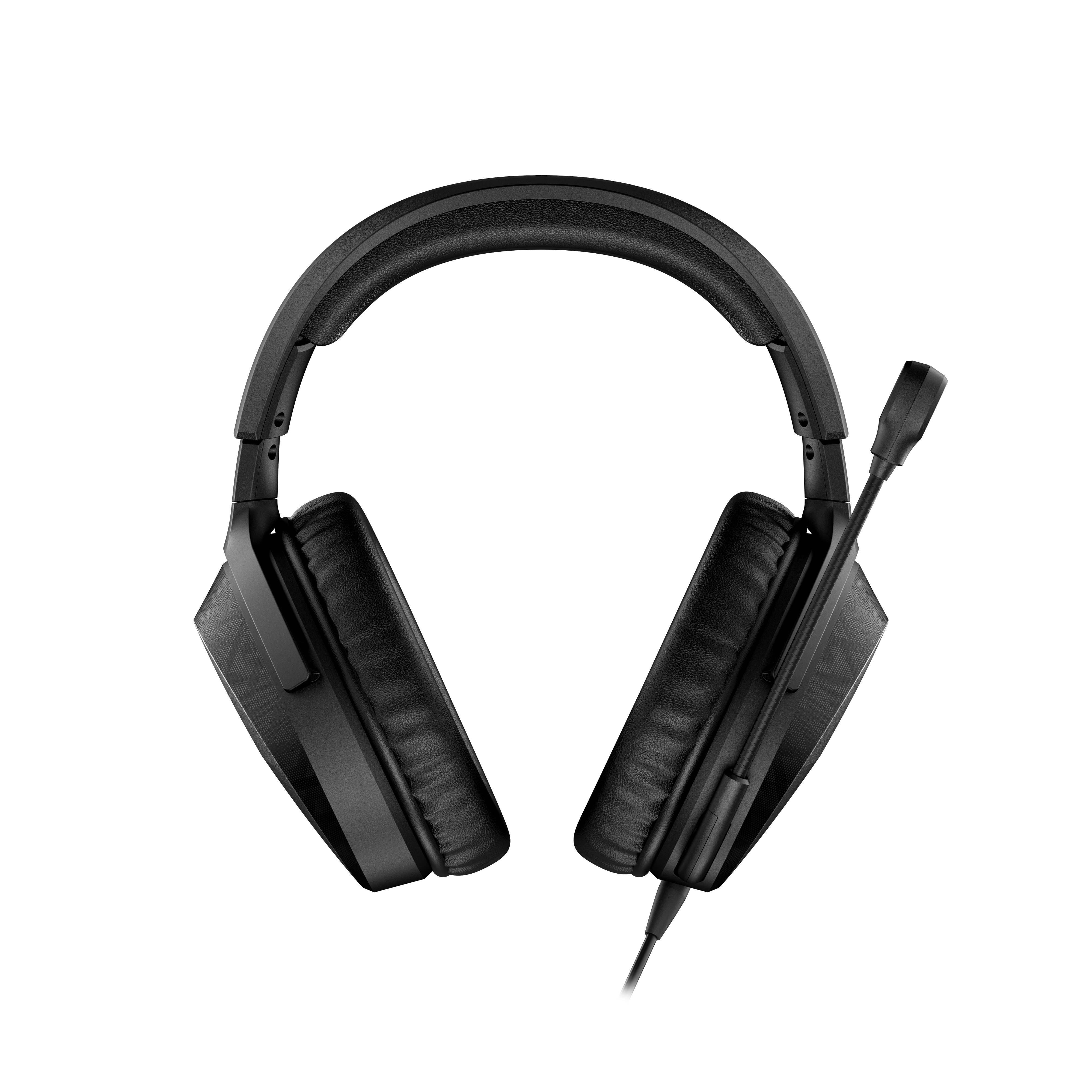 Schwarzes Over-Ear-Headset mit gepolstertem Bügel, Ohrpolstern und angeschlossenem Mikrofon auf weißem Hintergrund.
