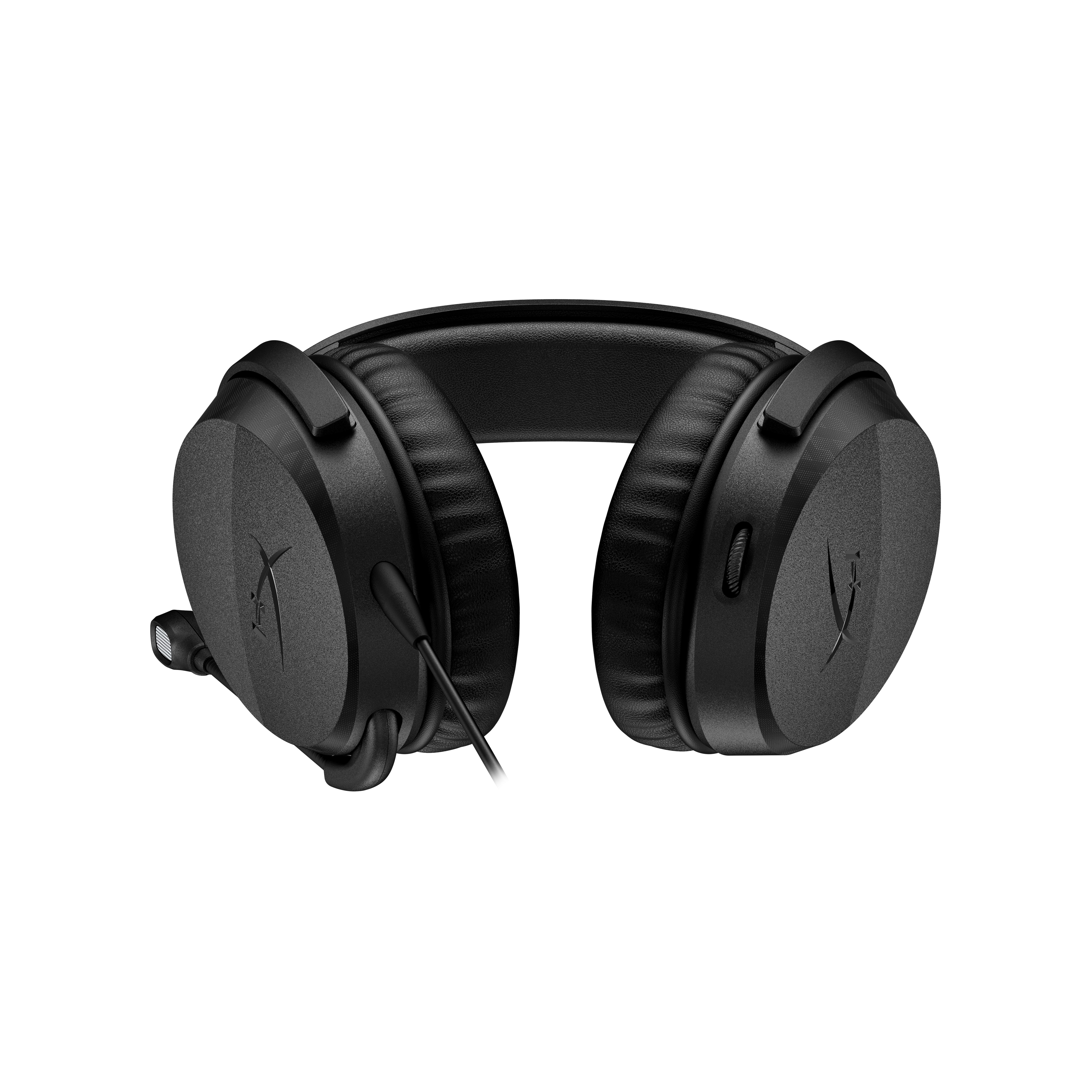 Ein Paar schwarze Over-Ear-Gaming-Kopfhörer mit angeschlossenem Mikrofon vor weißem Hintergrund.