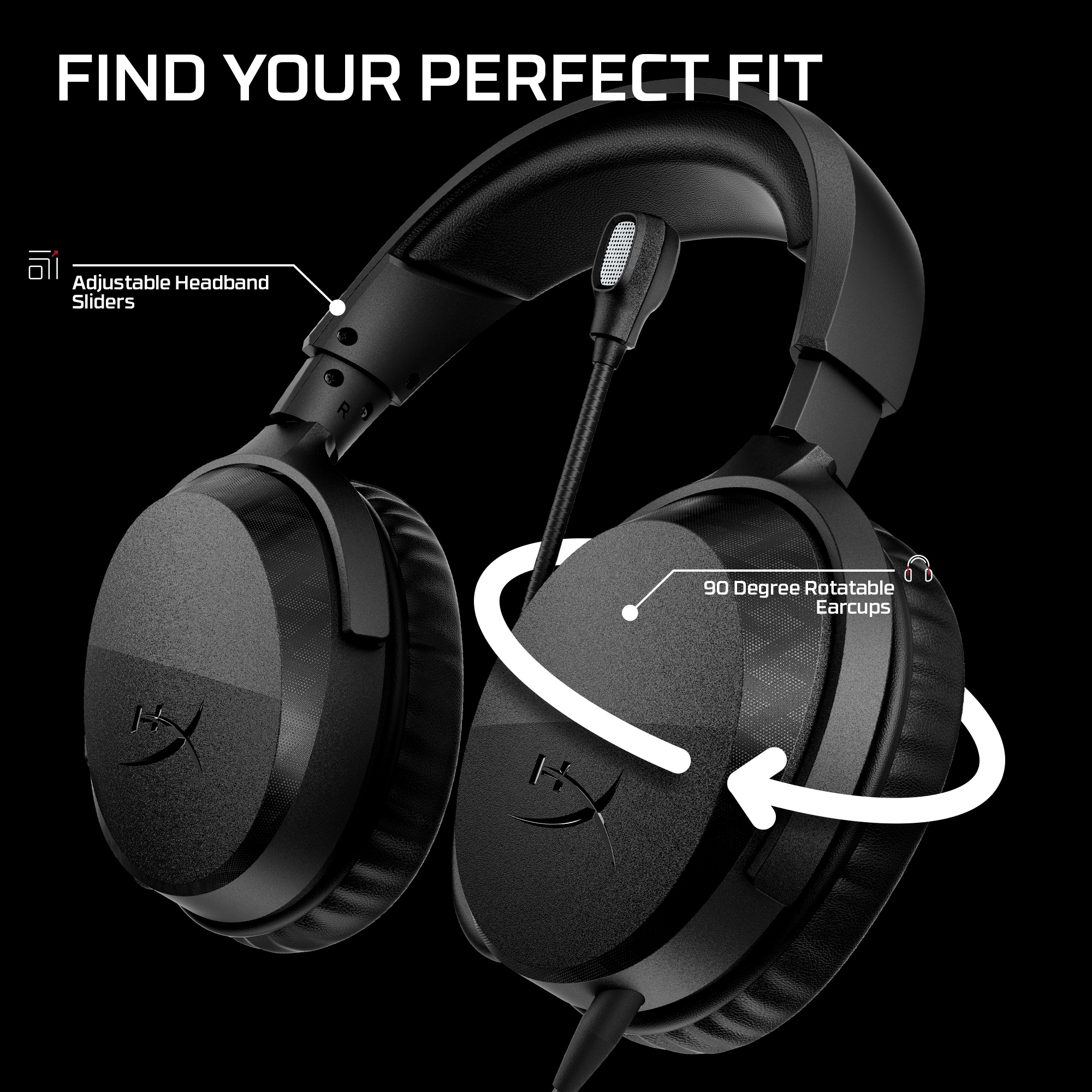 Schwarzes Gaming-Headset mit verstellbaren Kopfbügeln und um 90 Grad drehbaren Ohrmuscheln vor schwarzem Hintergrund.